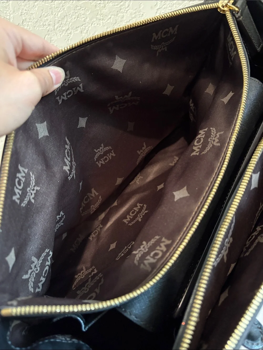 MCM Black Structured Satchel Bag with Gold Hardware